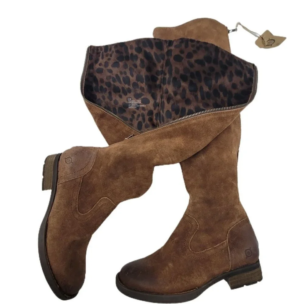 NEW Born Borman Distressed Brown Suede Leather Tall Back Zip Boot Size 5.5M
